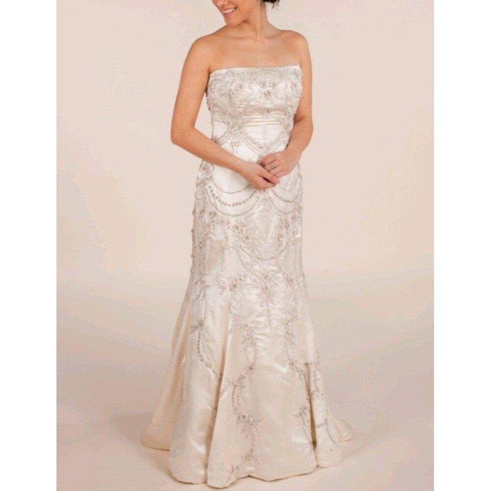 Vintage Couture Lazaro 3617 Ivory Silk Sz 10 Mermaid Beaded Wedding Dress